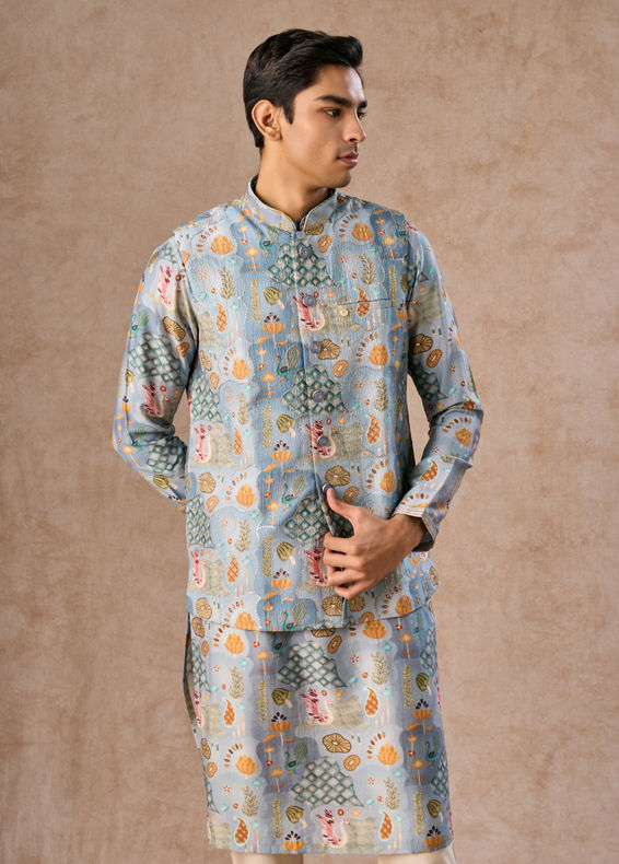 Manyavar Men Elegant Light Grey Kurta Jacket Set