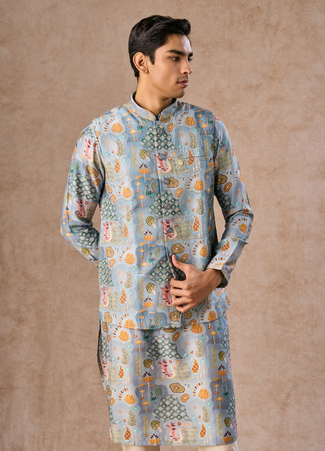 Manyavar Men Elegant Light Grey Kurta Jacket Set