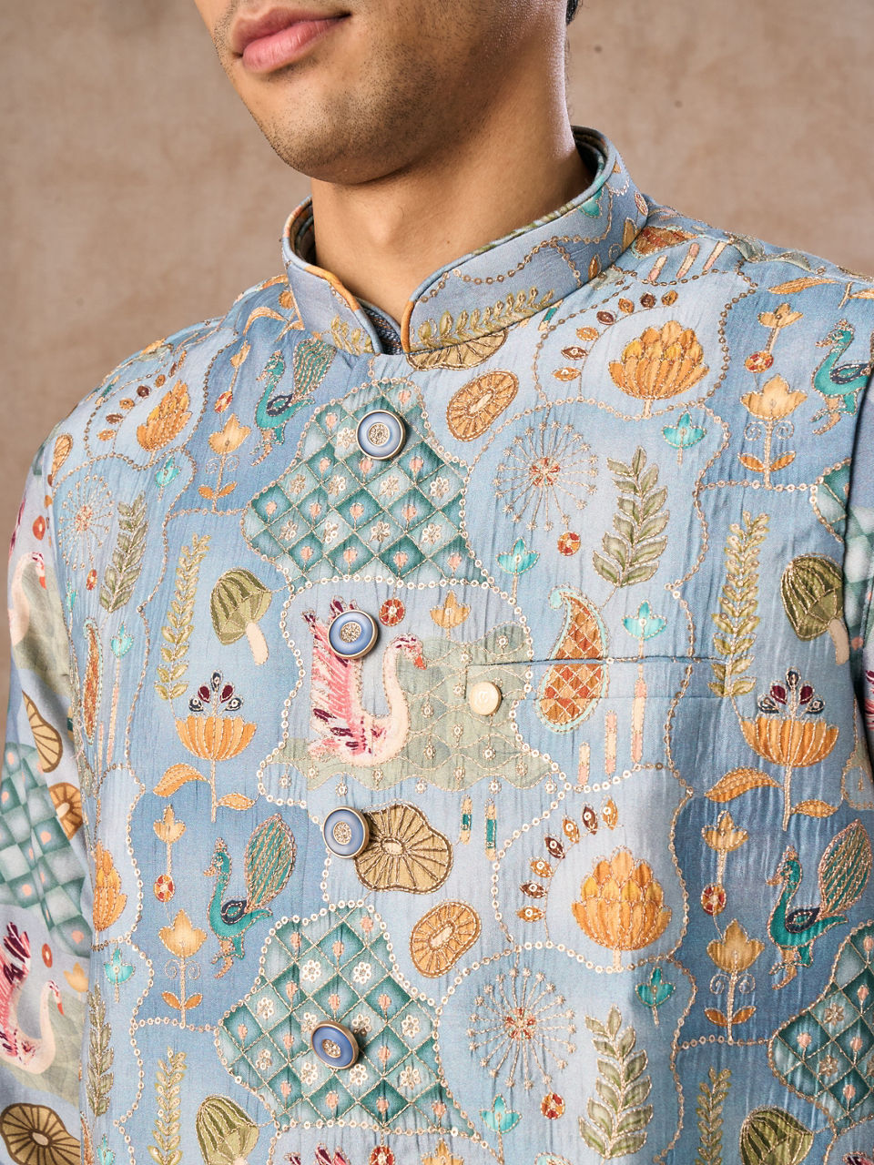 Manyavar Men Elegant Light Grey Kurta Jacket Set