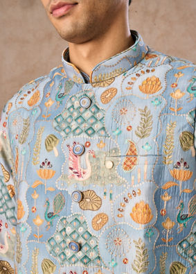 Manyavar Men Elegant Light Grey Kurta Jacket Set