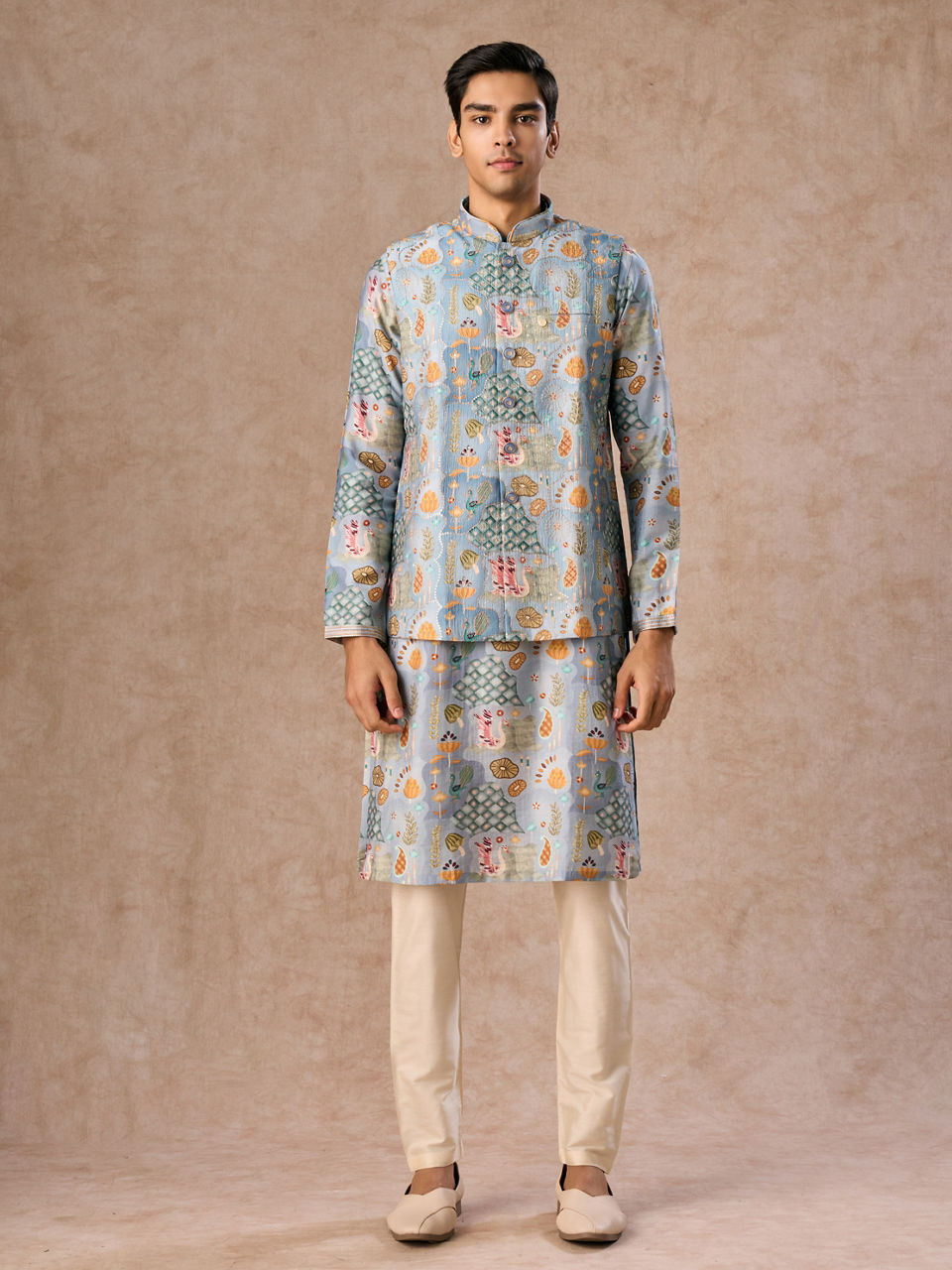 Manyavar Men Elegant Light Grey Kurta Jacket Set