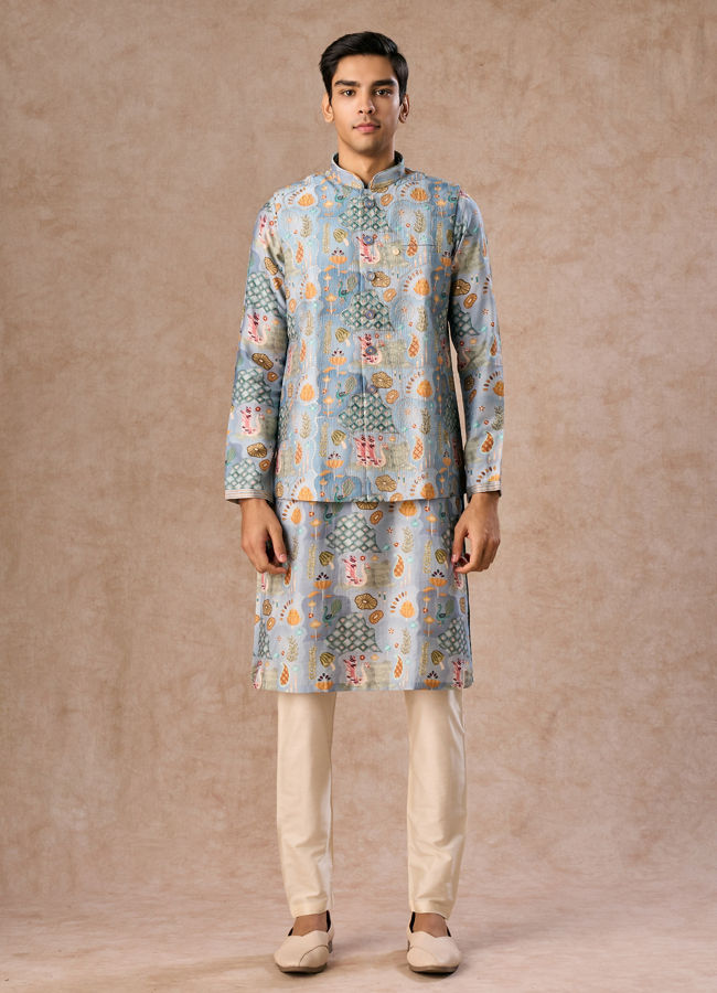 Manyavar Men Elegant Light Grey Kurta Jacket Set