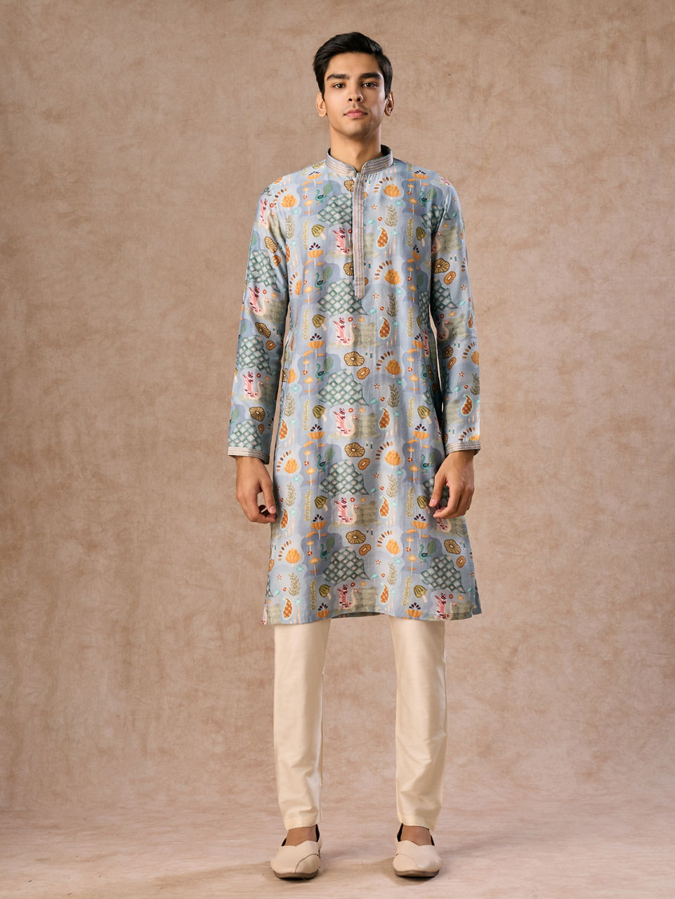 Manyavar Men Elegant Light Grey Kurta Jacket Set