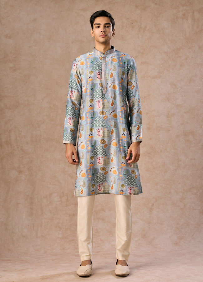Manyavar Men Elegant Light Grey Kurta Jacket Set