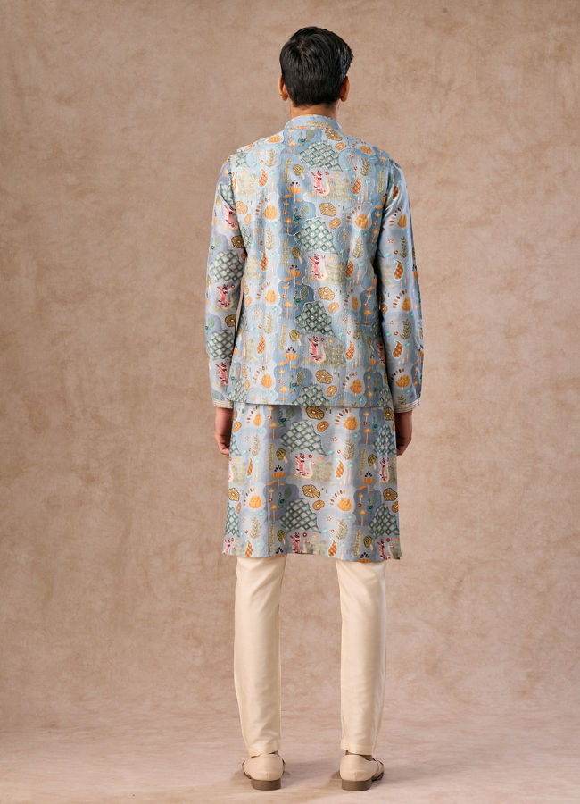 Manyavar Men Elegant Light Grey Kurta Jacket Set