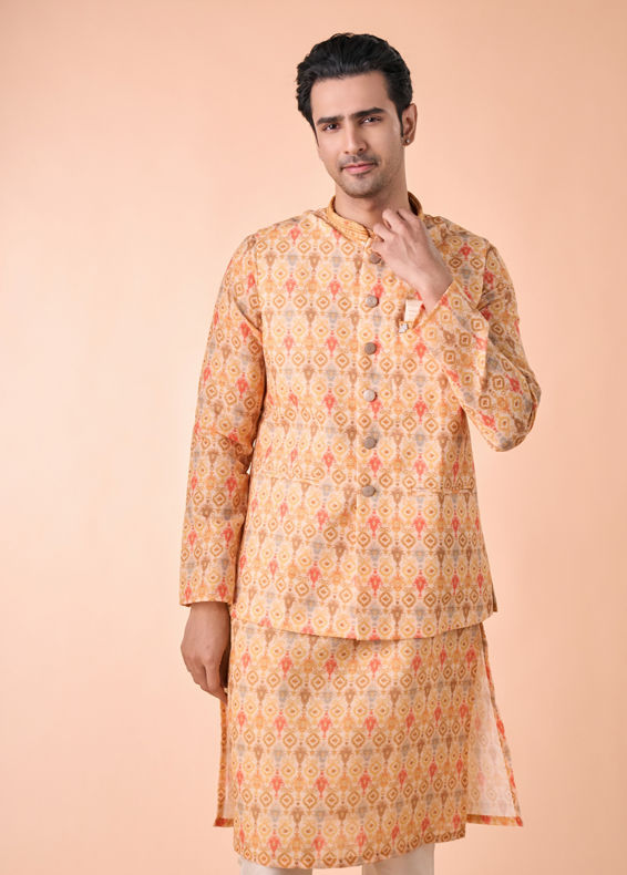 Manyavar Men Vibrant Mustard Kurta Jacket Set