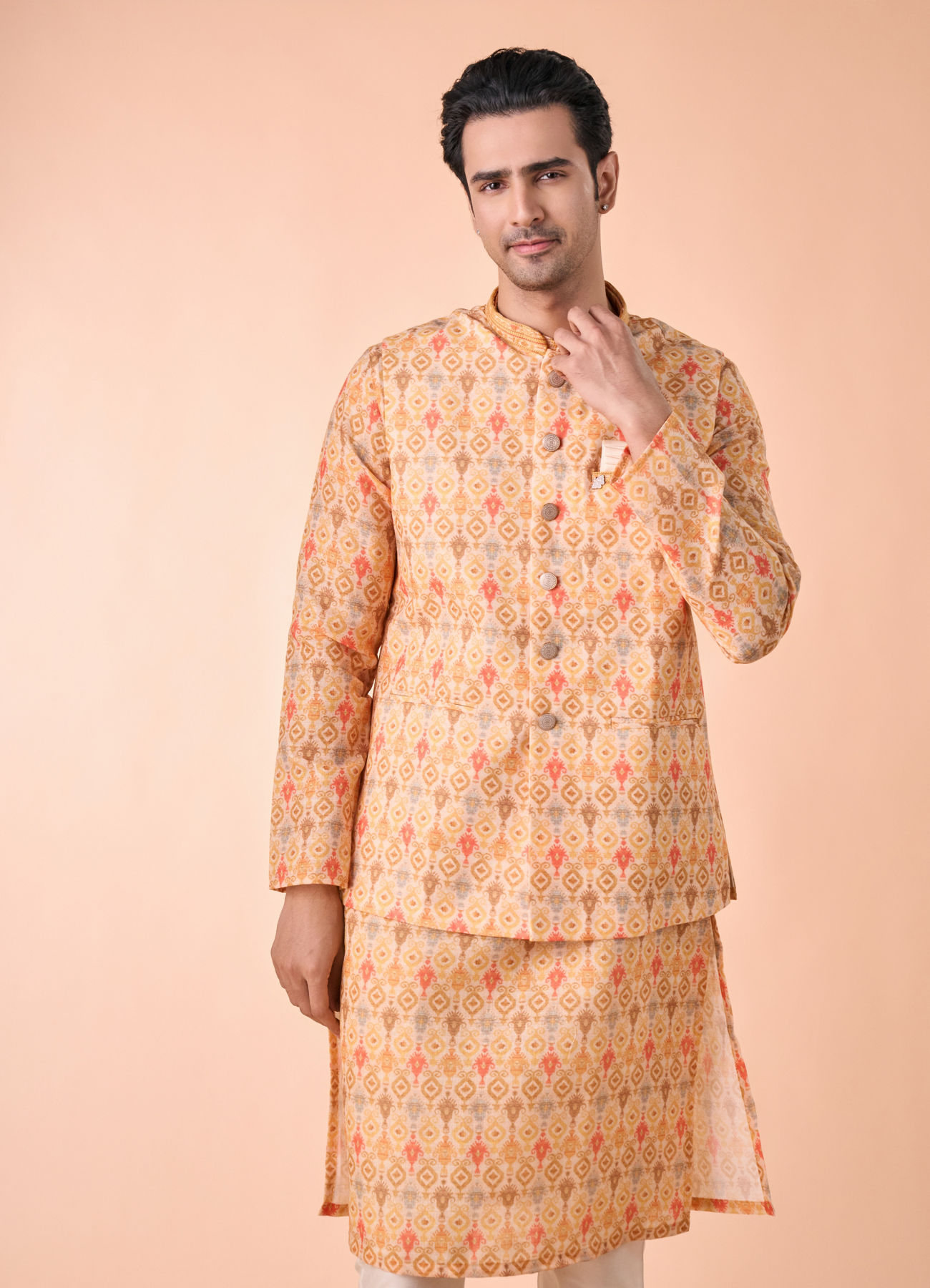 Manyavar Men Vibrant Mustard Kurta Jacket Set