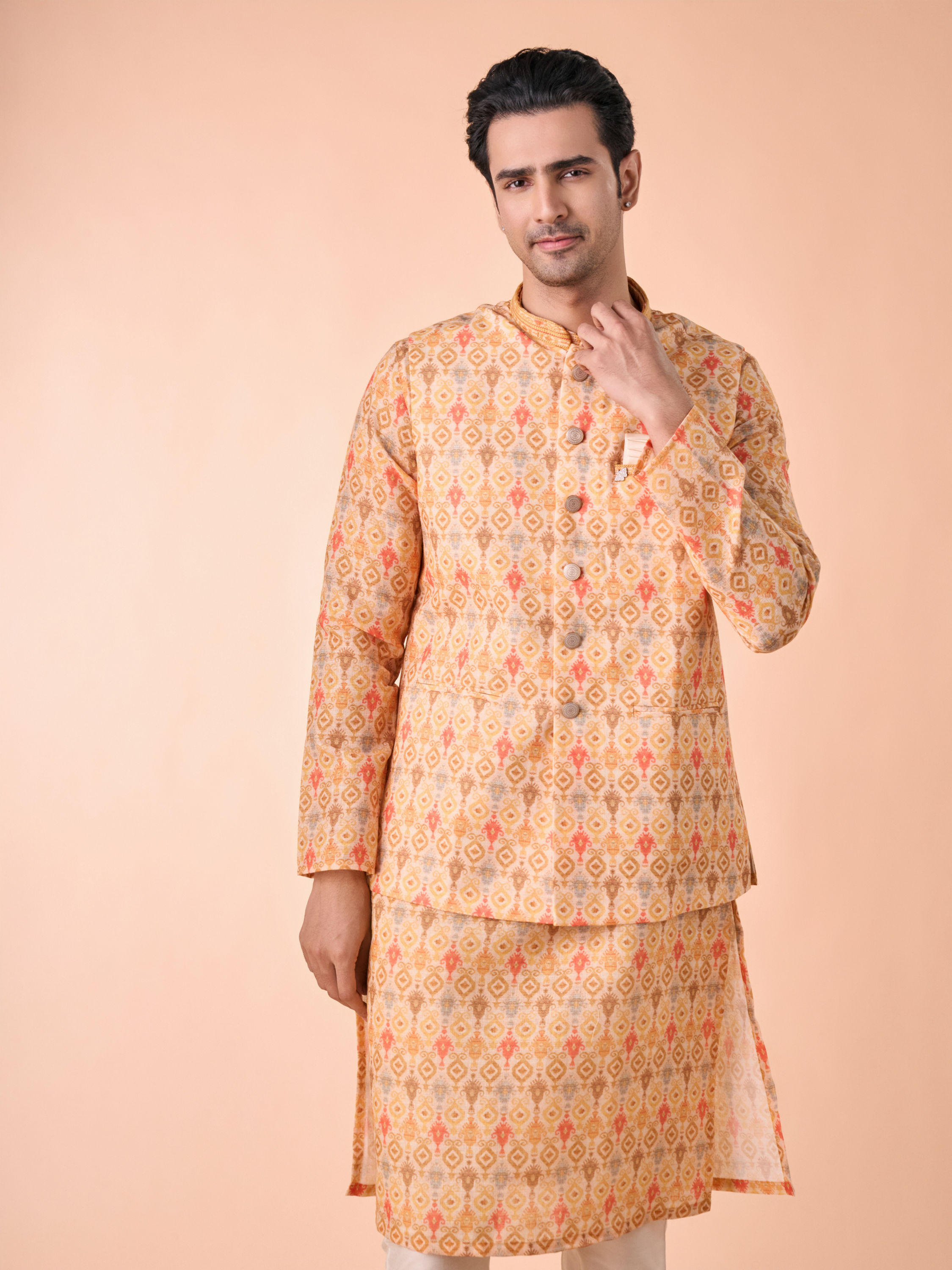 Manyavar Men Vibrant Mustard Kurta Jacket Set