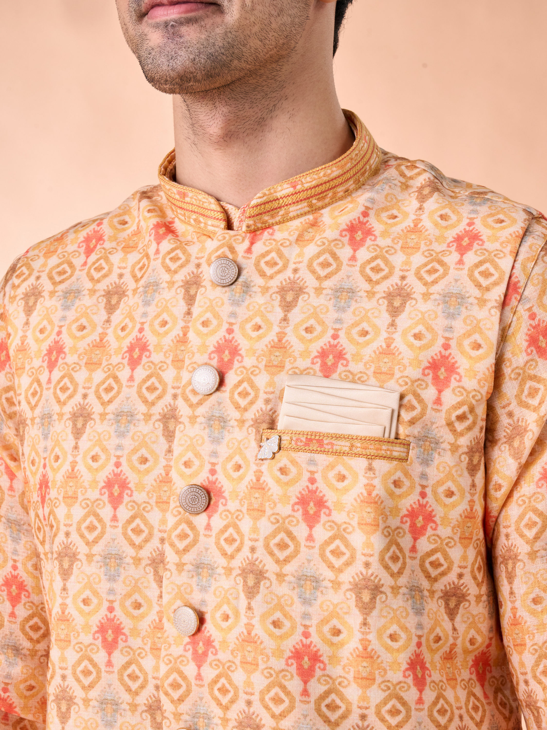 Manyavar Men Vibrant Mustard Kurta Jacket Set