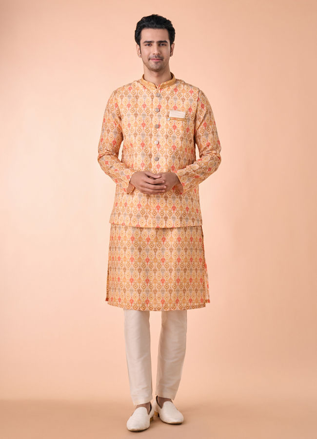 Manyavar Men Vibrant Mustard Kurta Jacket Set