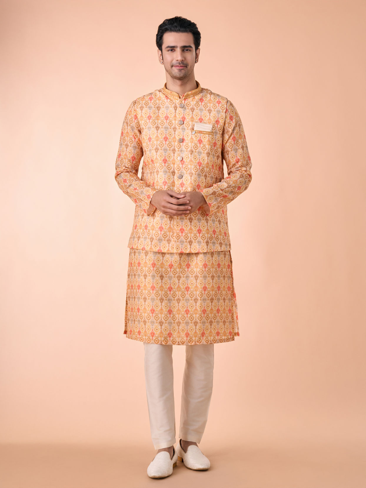 Manyavar Men Vibrant Mustard Kurta Jacket Set