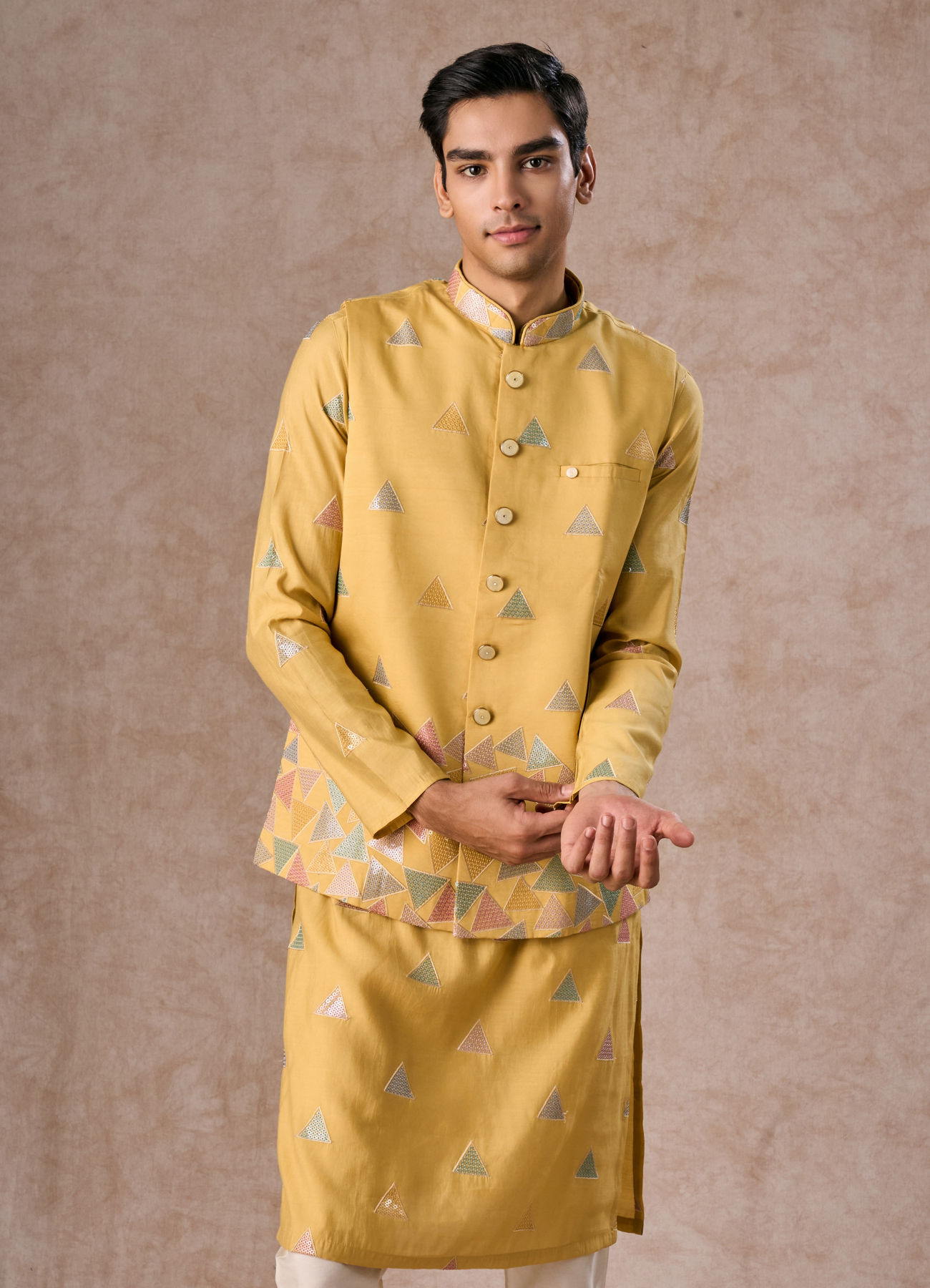 Manyavar Men Sun Kissed Yellow Kurta Jacket Set