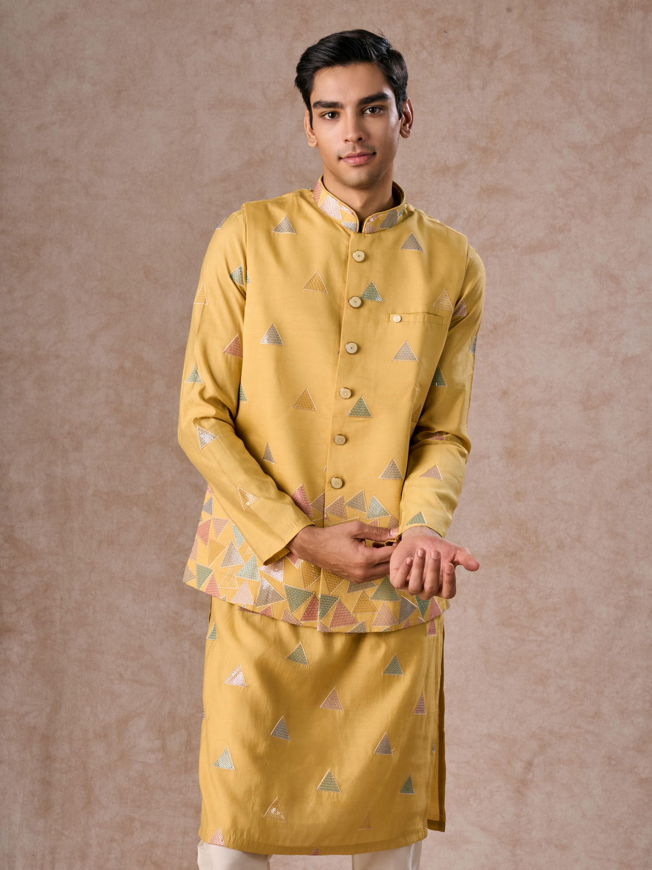 Manyavar Men Sun Kissed Yellow Kurta Jacket Set