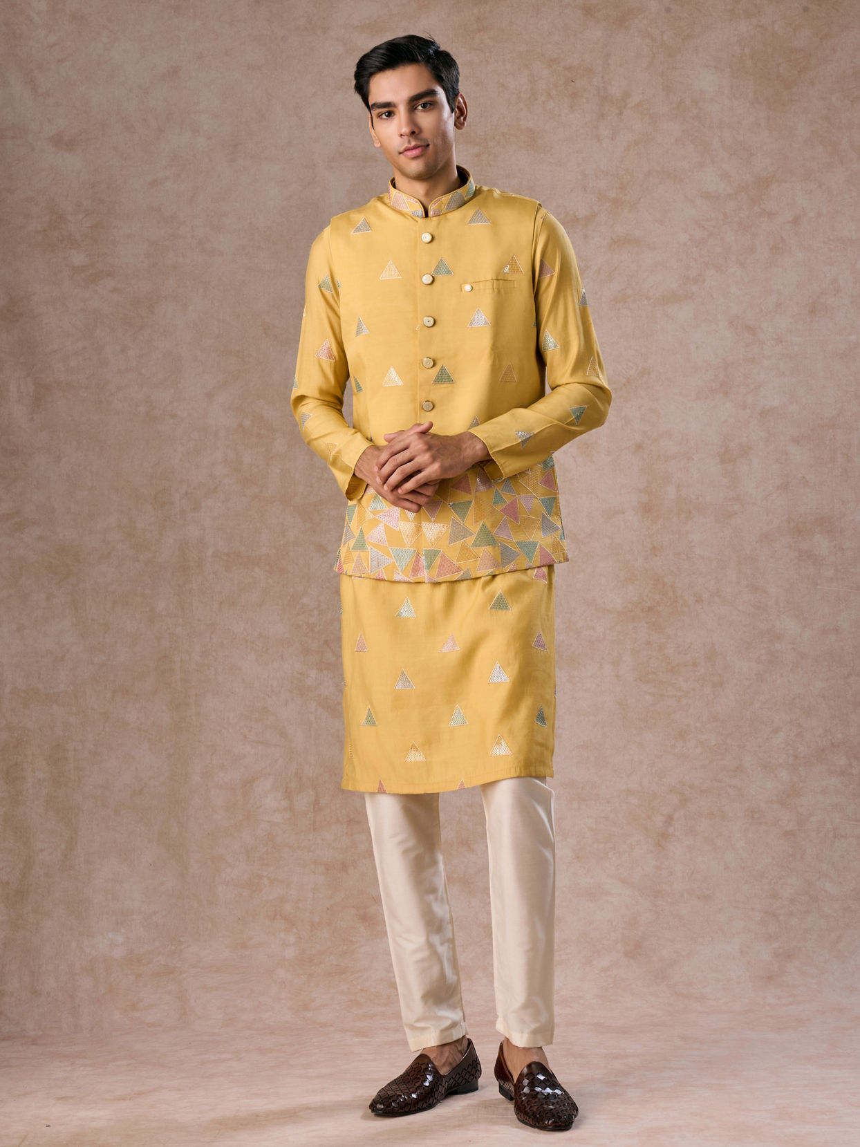 Manyavar Men Sun Kissed Yellow Kurta Jacket Set
