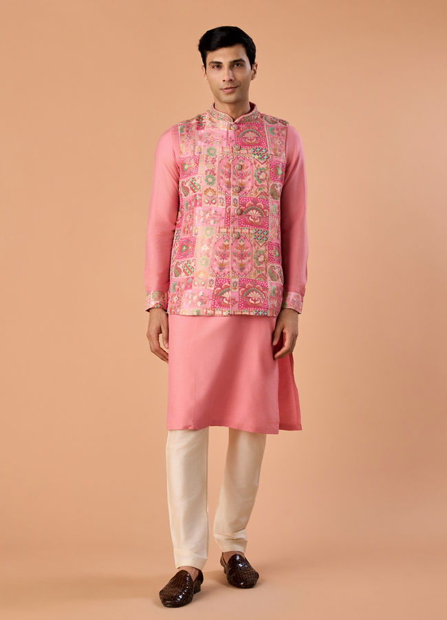 Manyavar Men Peach Elegance Kurta Jacket Set