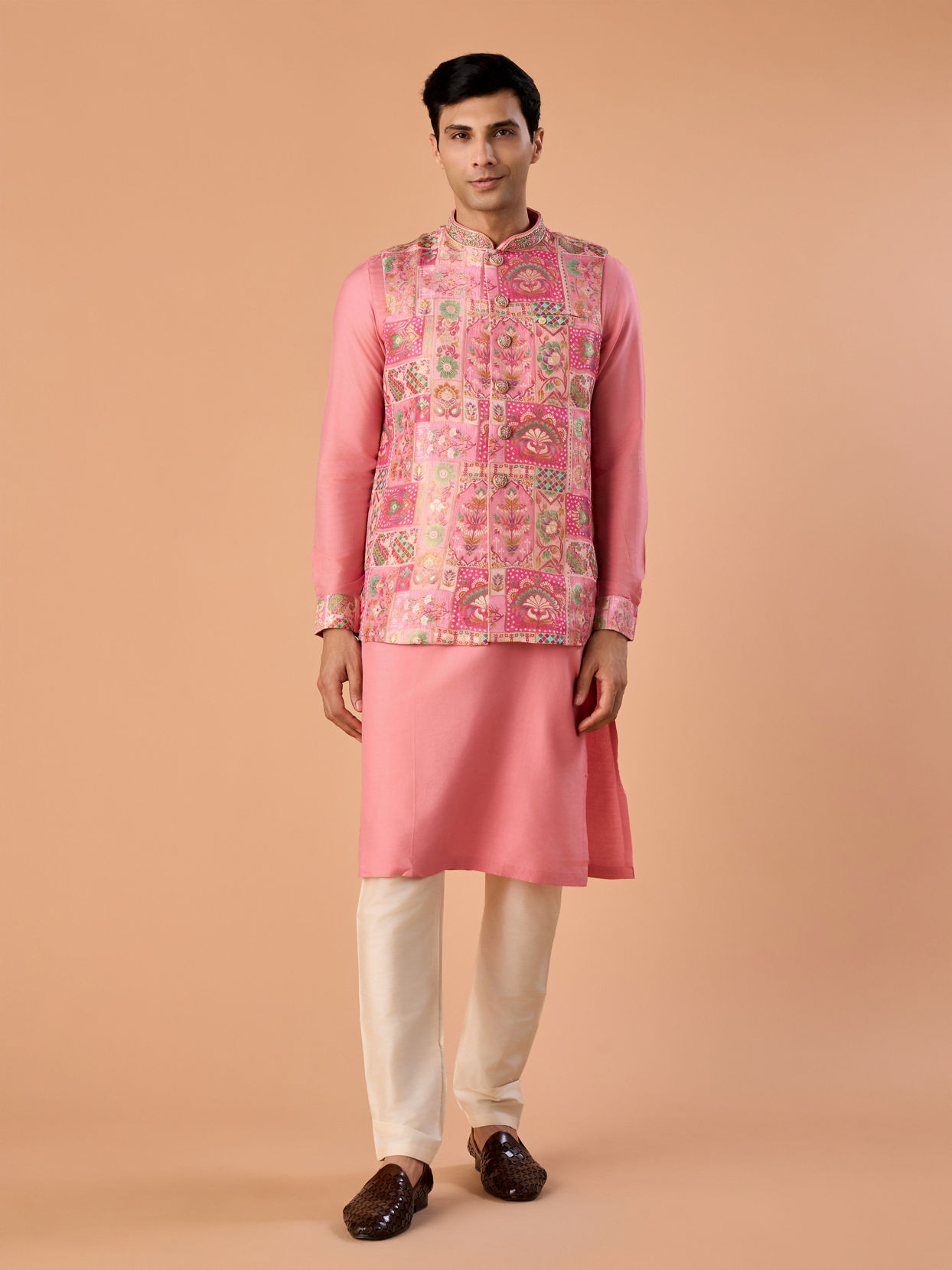 Manyavar Men Peach Elegance Kurta Jacket Set