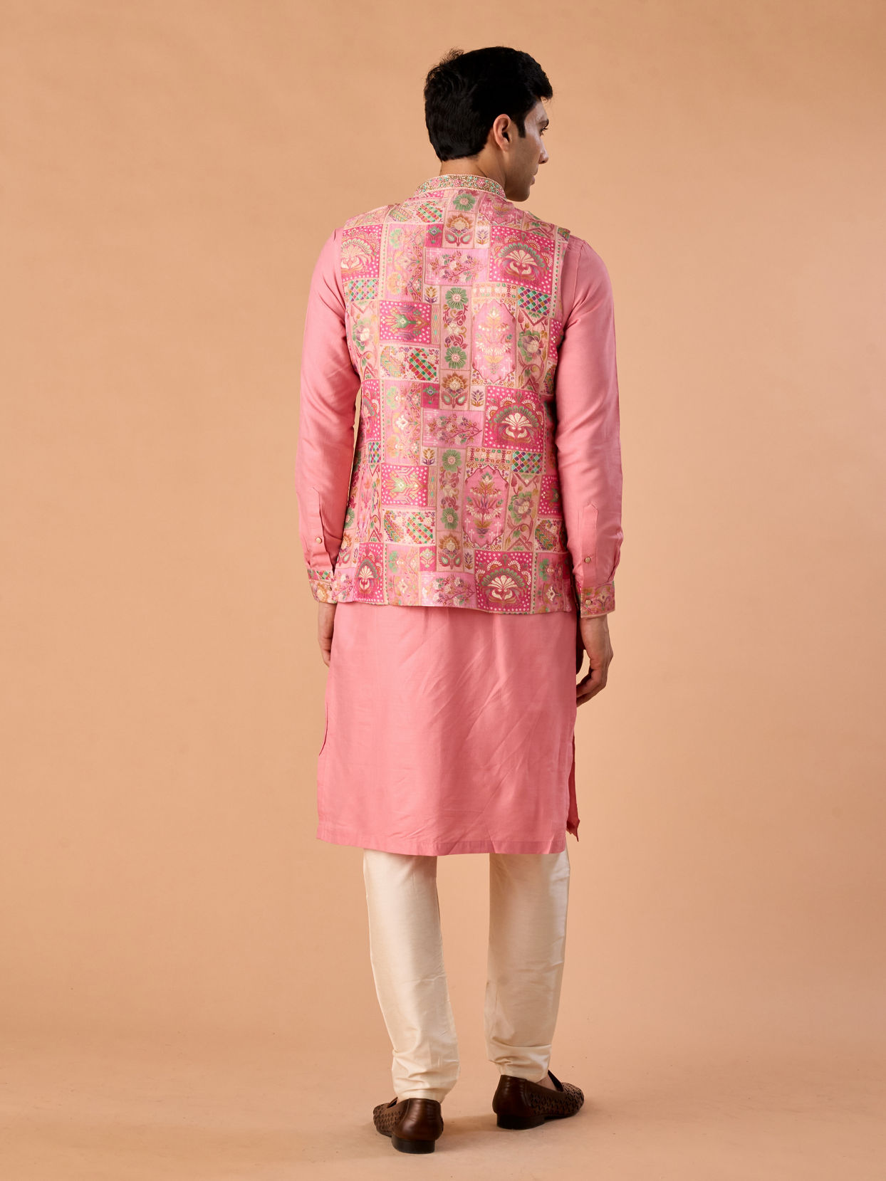 Manyavar Men Peach Elegance Kurta Jacket Set