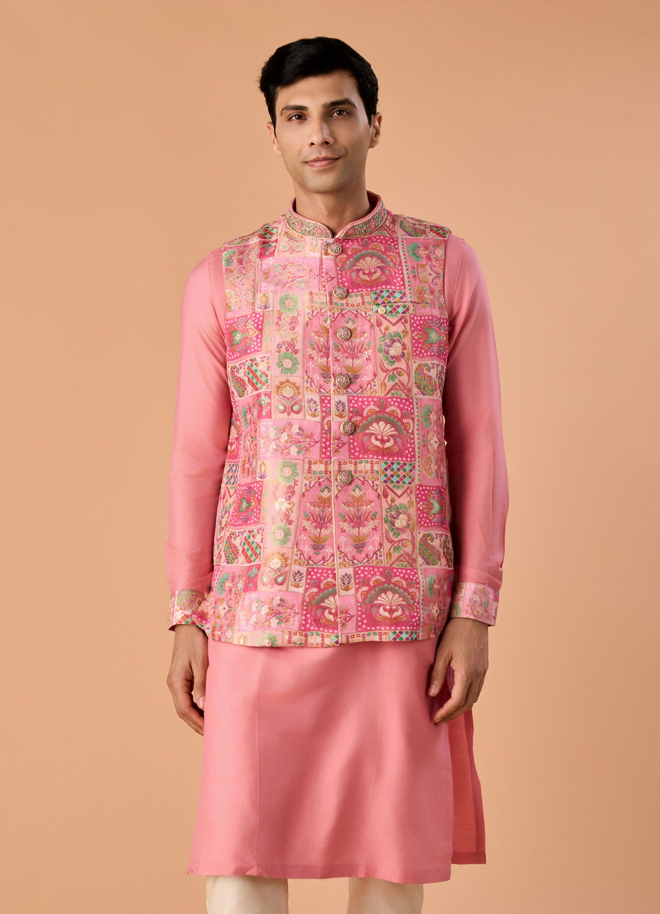 Manyavar Men Peach Elegance Kurta Jacket Set