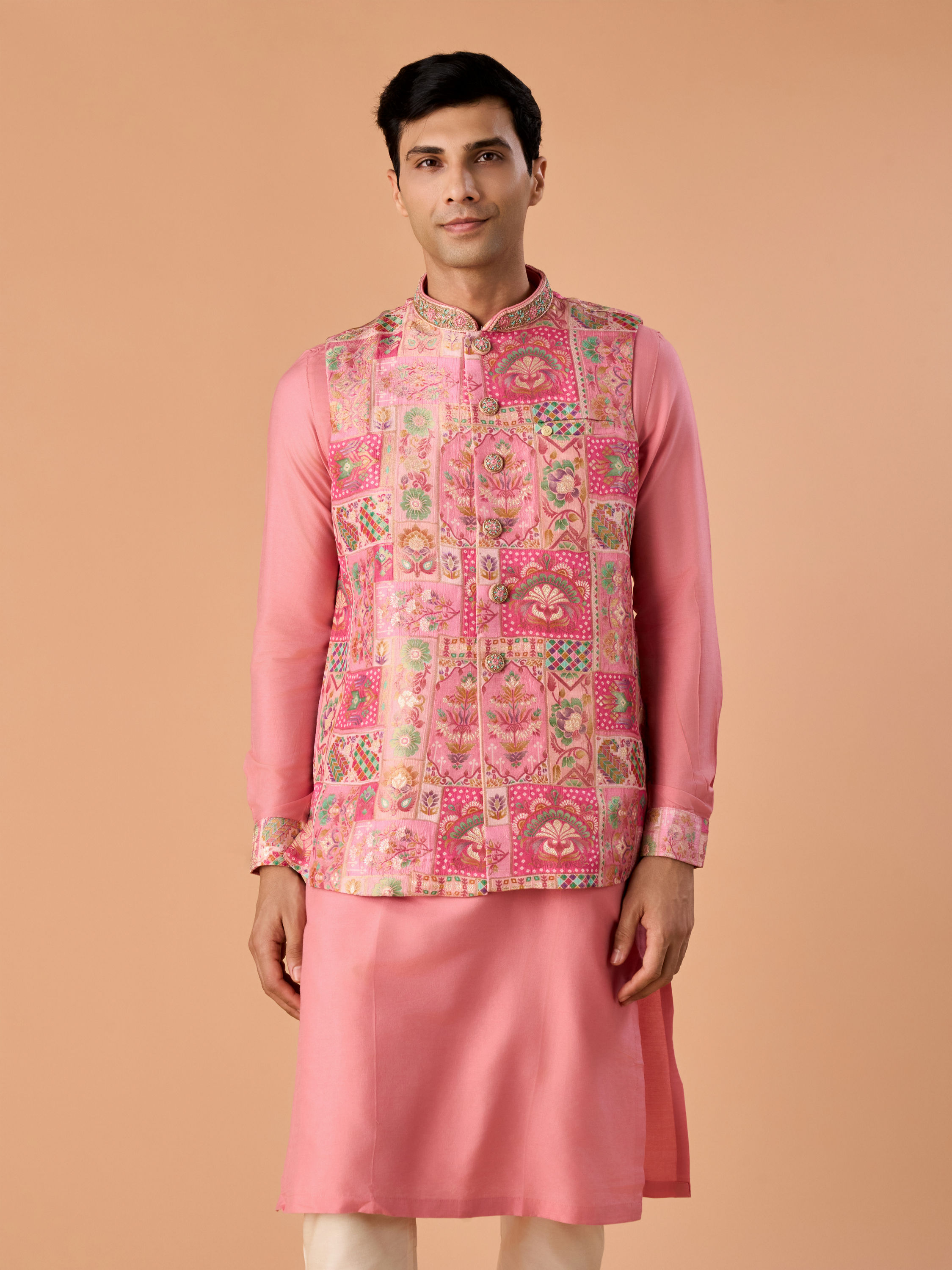 Manyavar Men Peach Elegance Kurta Jacket Set