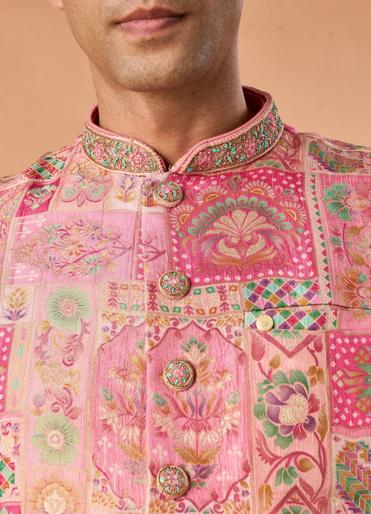 Manyavar Men Peach Elegance Kurta Jacket Set