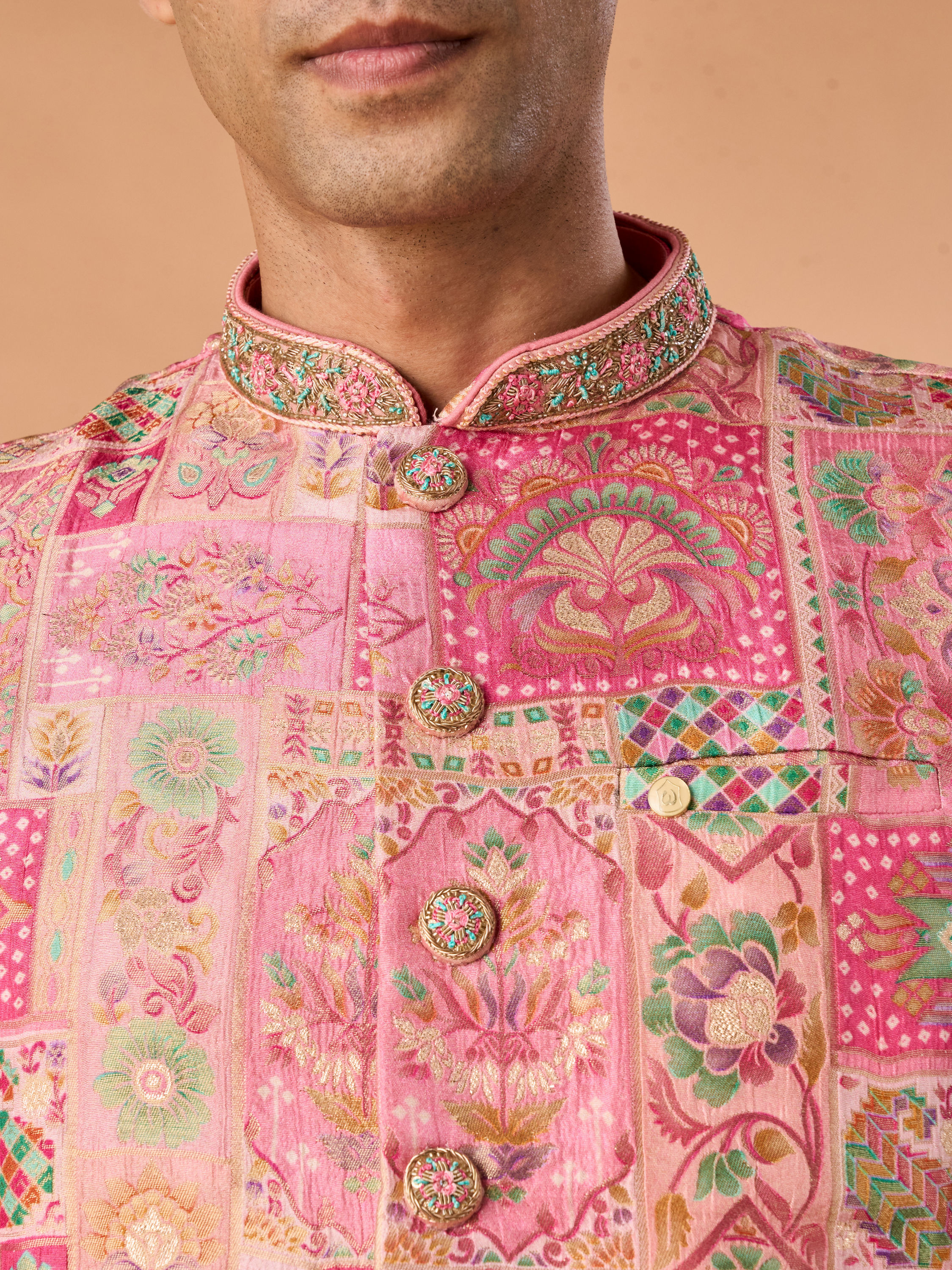 Manyavar Men Peach Elegance Kurta Jacket Set