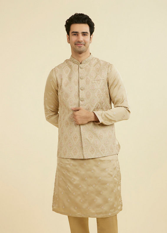 Manyavar Men Walnut Satin Kurta Jacket Set