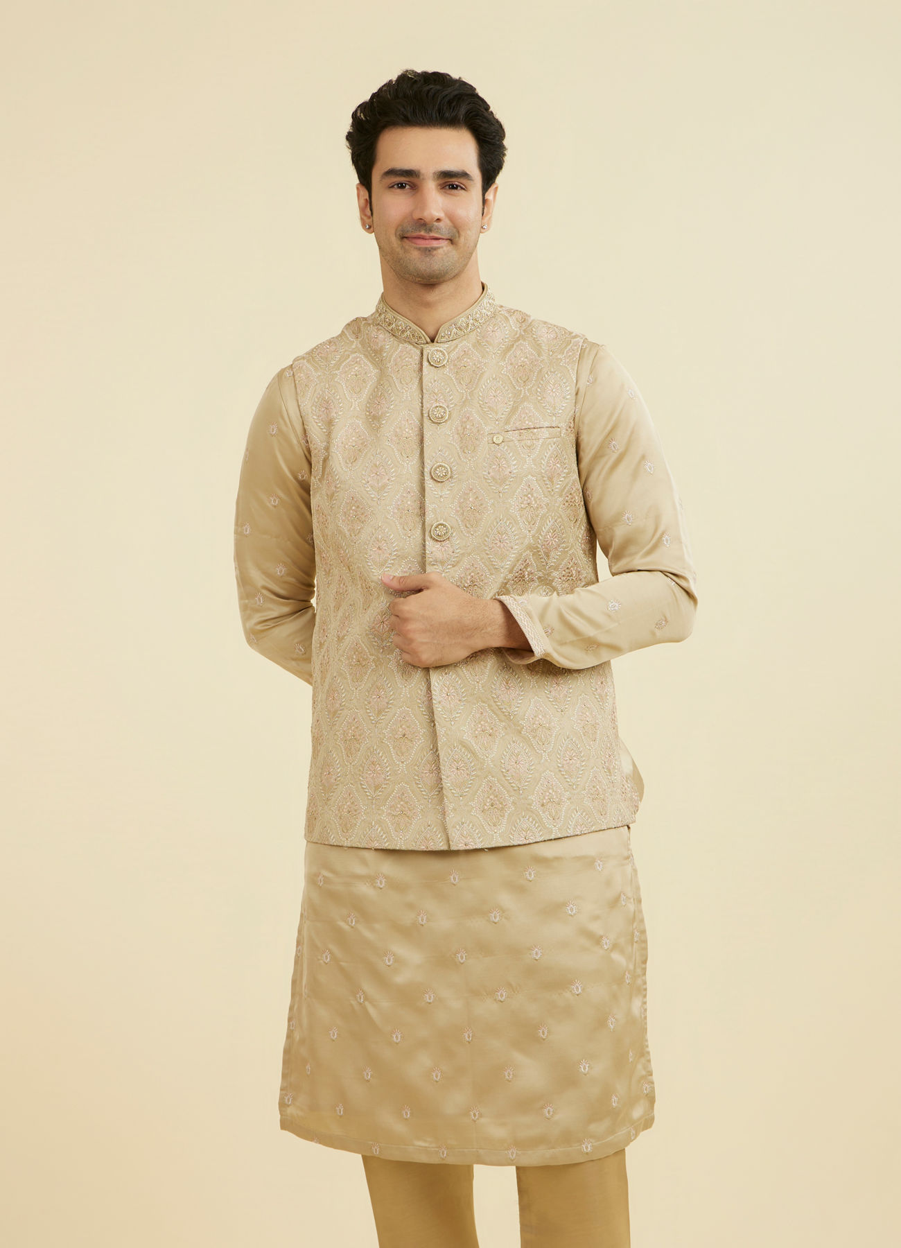 Manyavar Men Walnut Satin Kurta Jacket Set