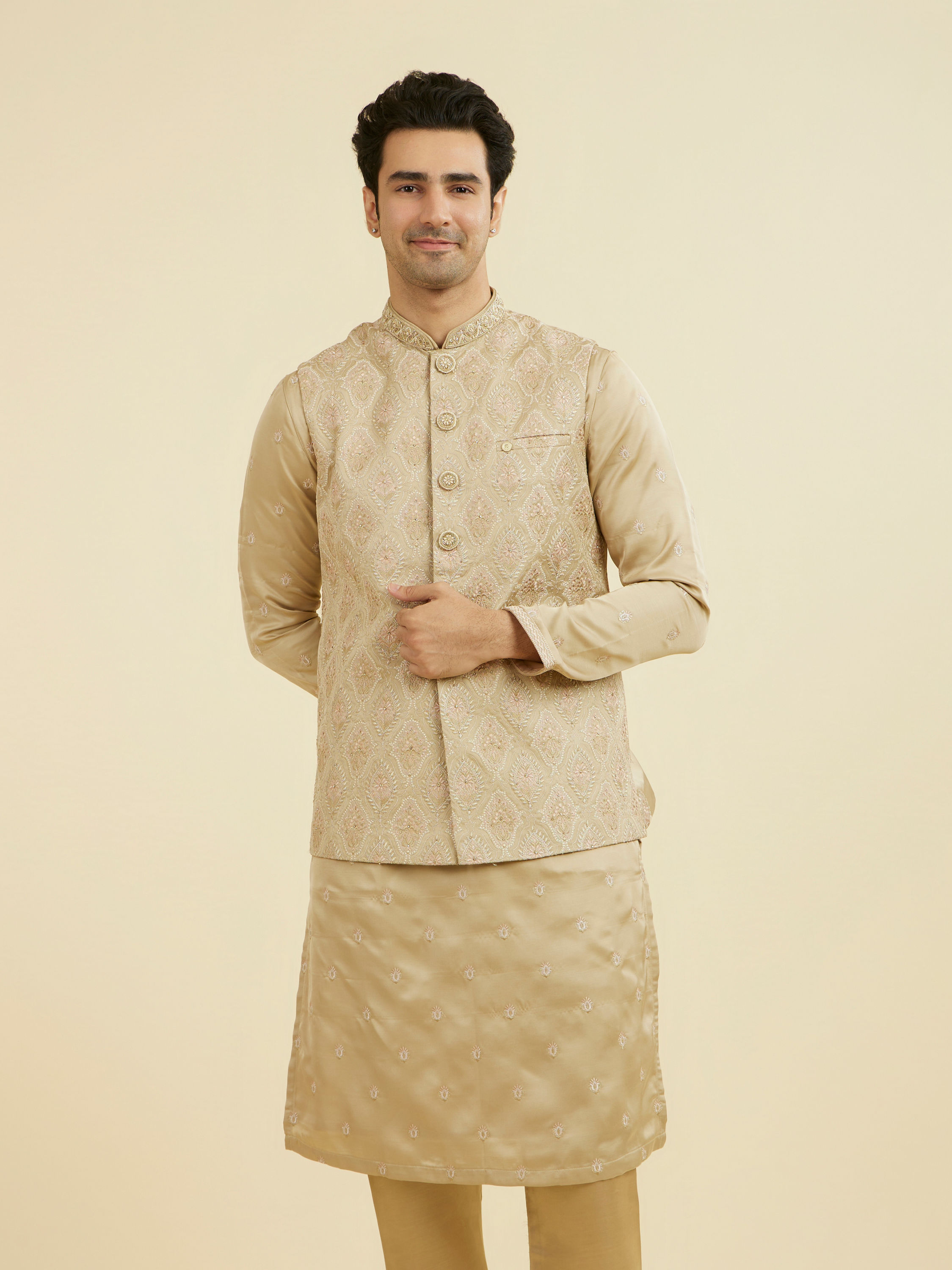 Manyavar Men Walnut Satin Kurta Jacket Set
