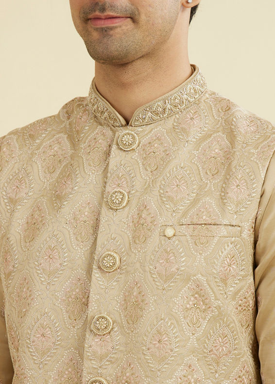 Manyavar Men Walnut Satin Kurta Jacket Set