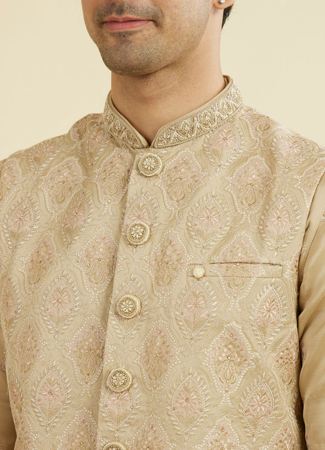 Manyavar Men Walnut Satin Kurta Jacket Set