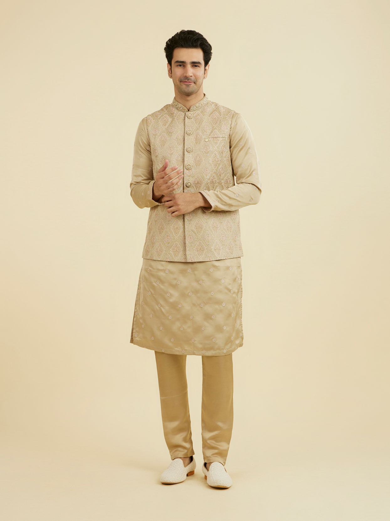 Manyavar Men Walnut Satin Kurta Jacket Set