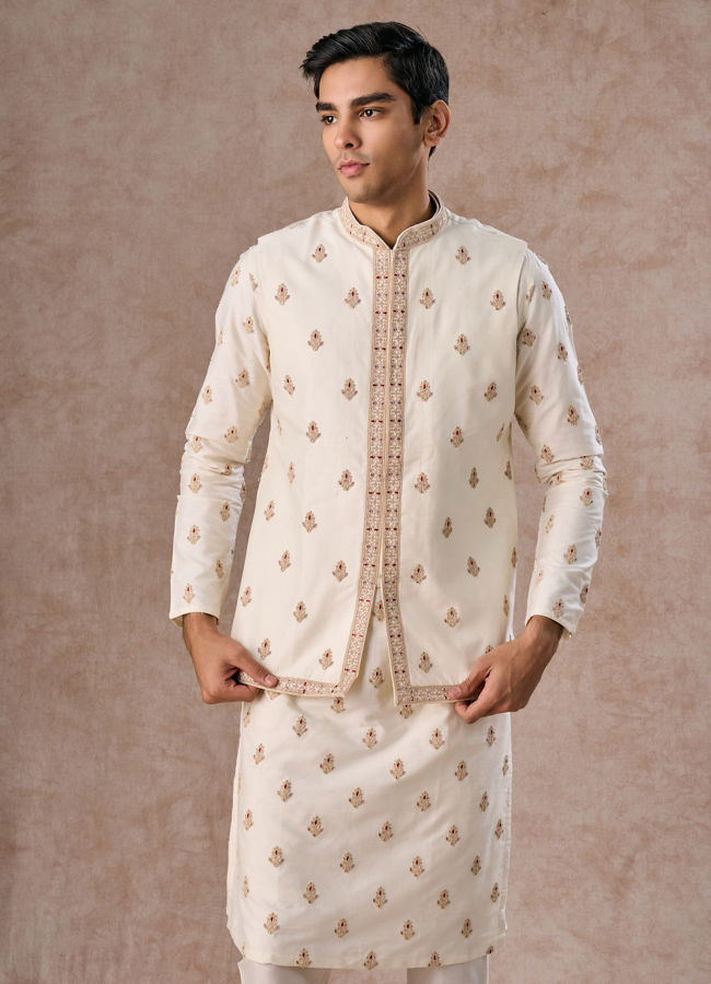 Manyavar Men Elegant Cream Kurta Jacket Set