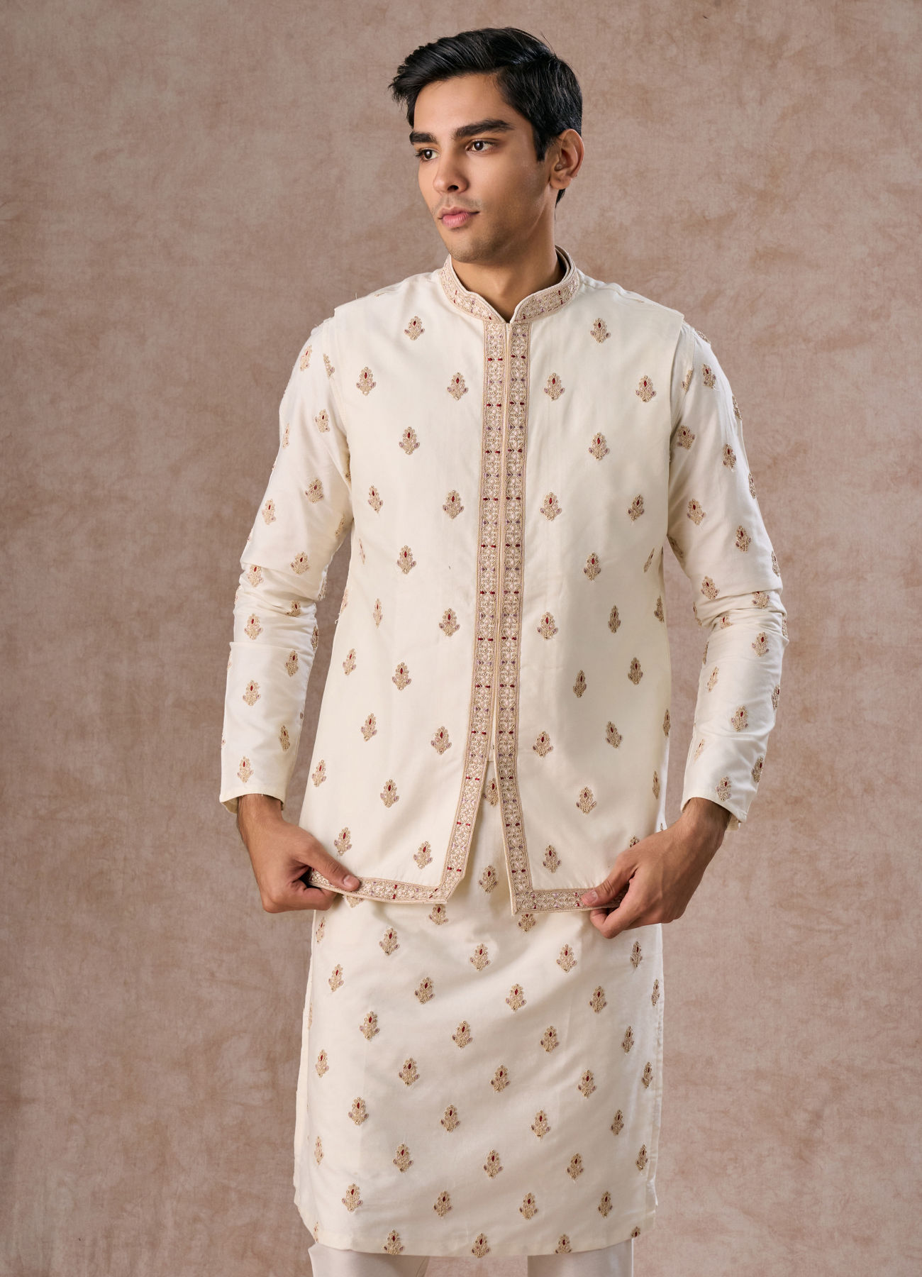 Manyavar Men Elegant Cream Kurta Jacket Set