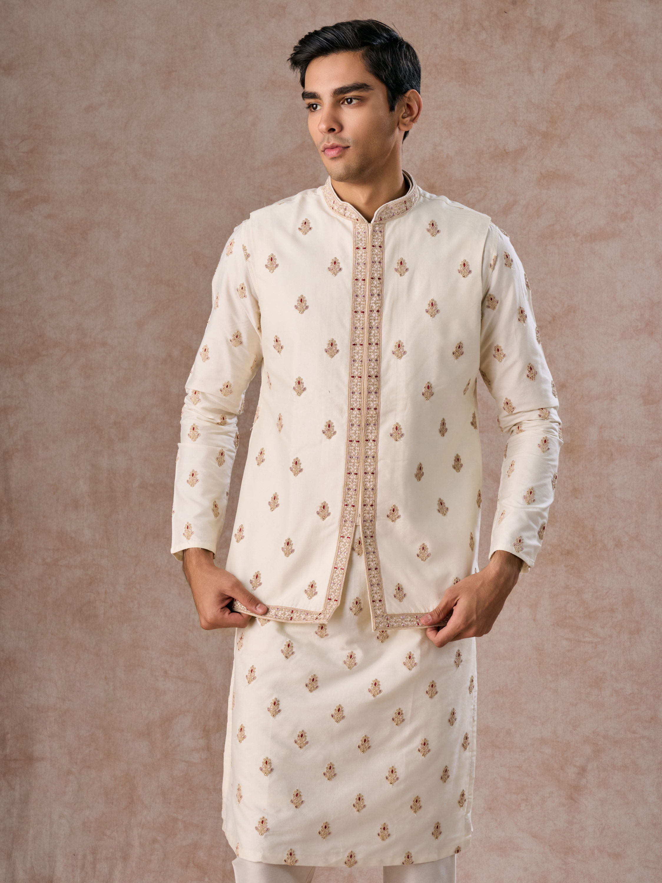 Manyavar Men Elegant Cream Kurta Jacket Set