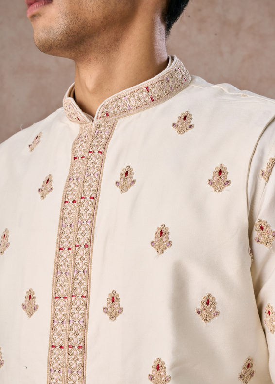 Manyavar Men Elegant Cream Kurta Jacket Set