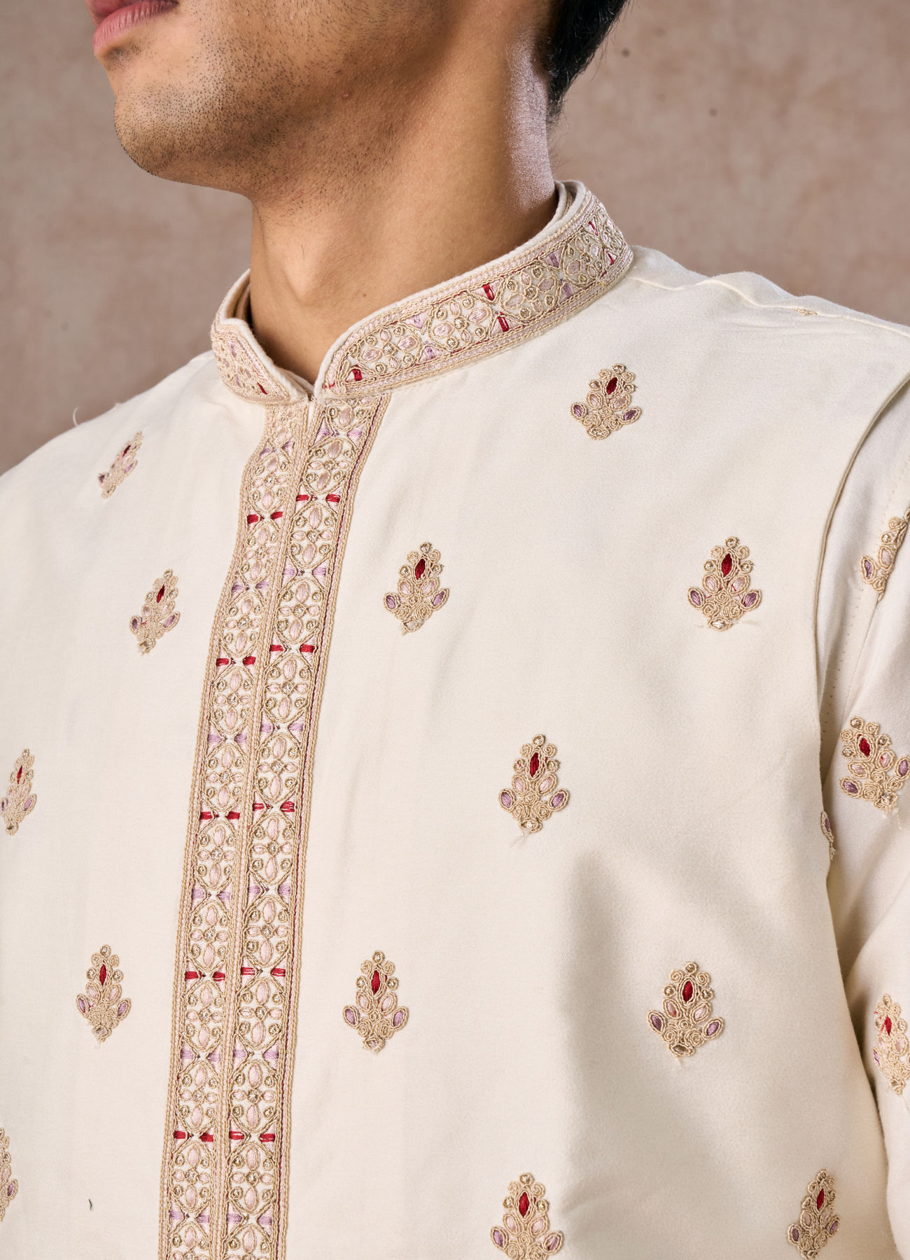Manyavar Men Elegant Cream Kurta Jacket Set