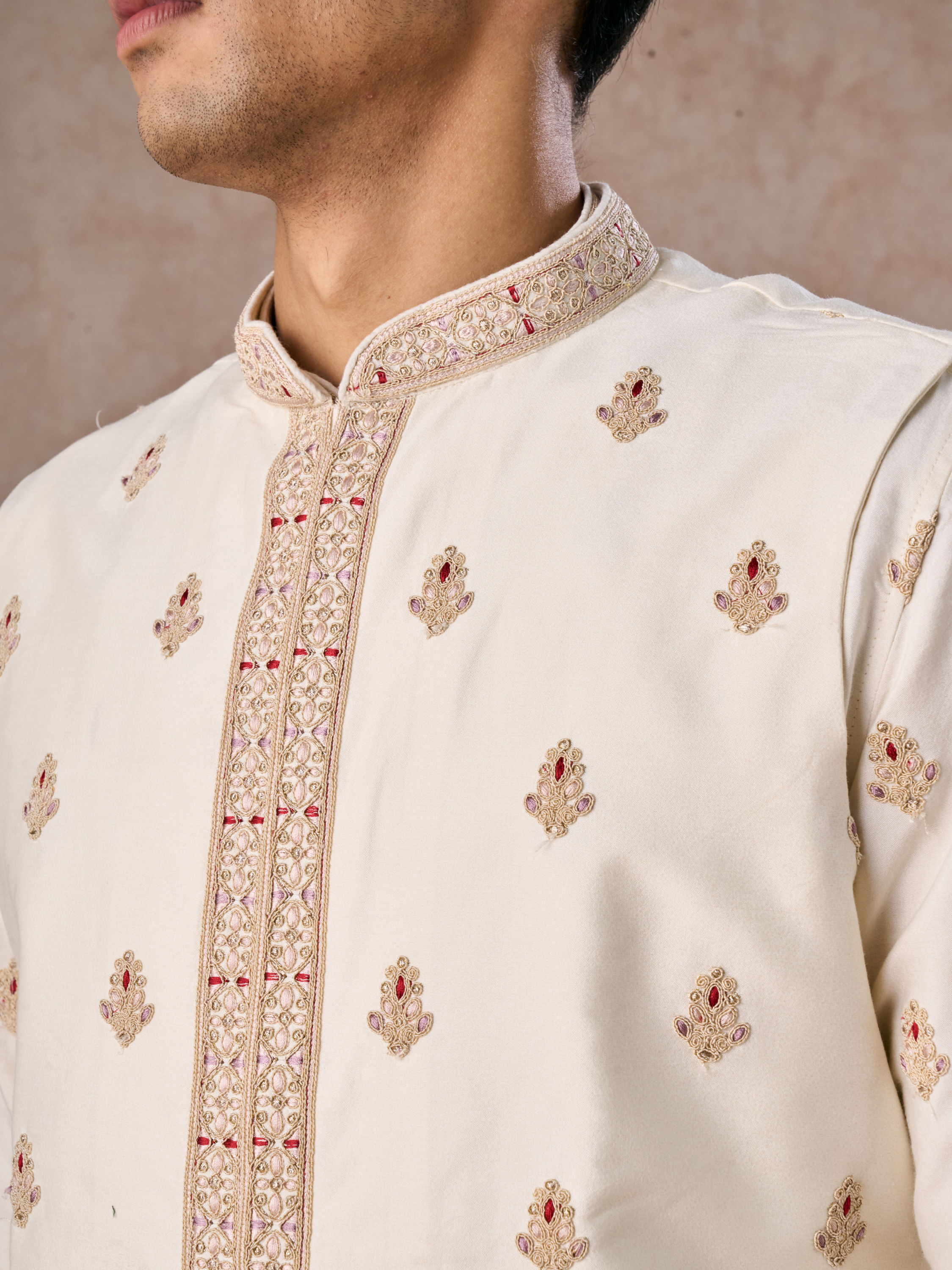 Manyavar Men Elegant Cream Kurta Jacket Set