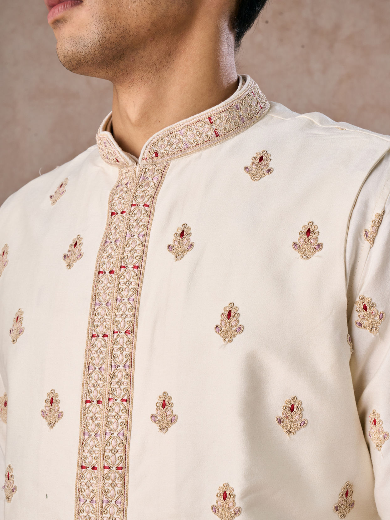 Manyavar Men Elegant Cream Kurta Jacket Set