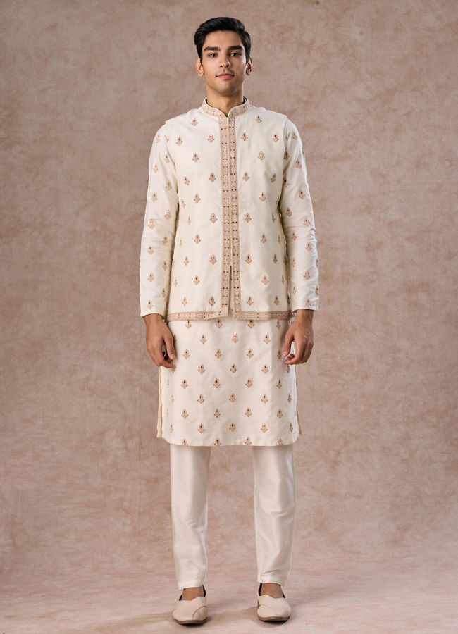 Manyavar Men Elegant Cream Kurta Jacket Set