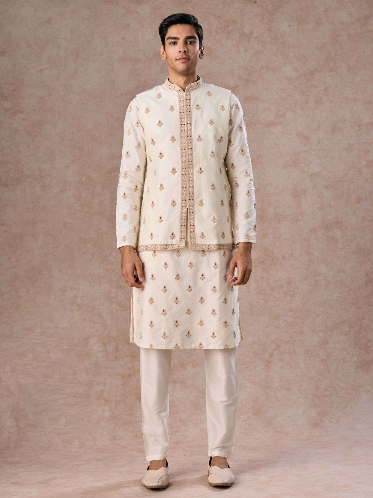 Manyavar Men Elegant Cream Kurta Jacket Set