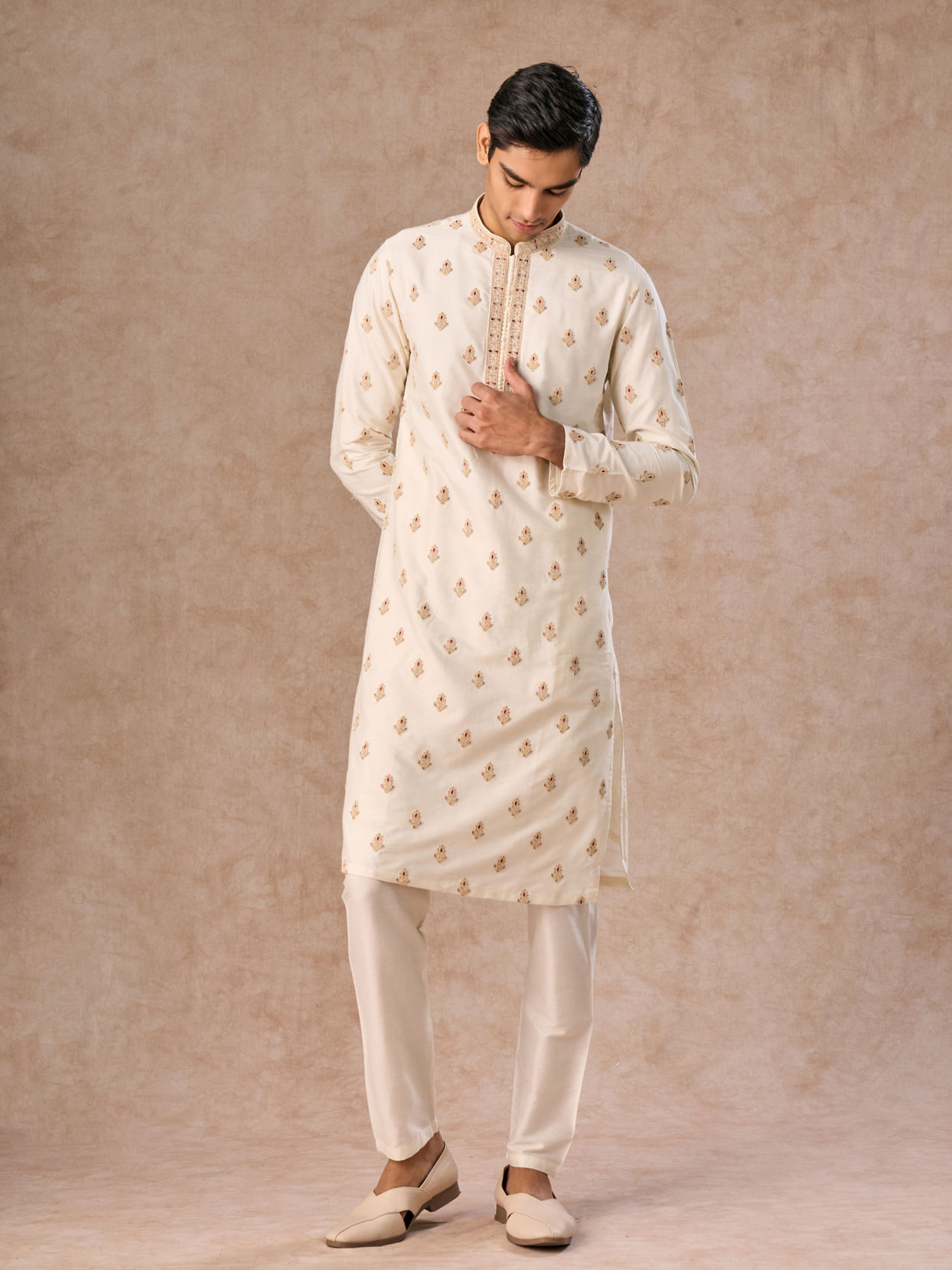 Manyavar Men Elegant Cream Kurta Jacket Set