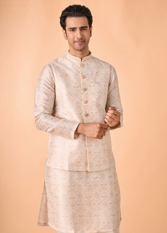 Manyavar Men Elegant Cream Kurta Jacket Set