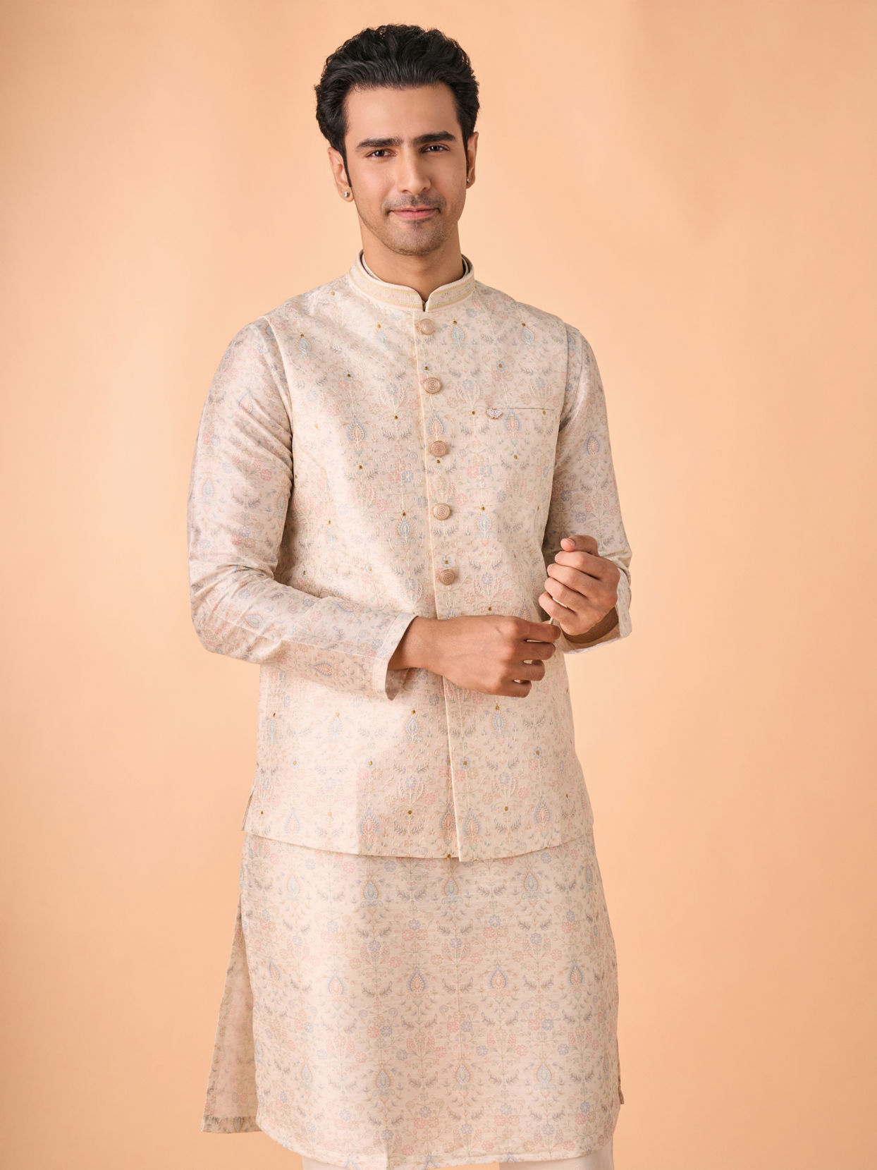 Manyavar Men Elegant Cream Kurta Jacket Set