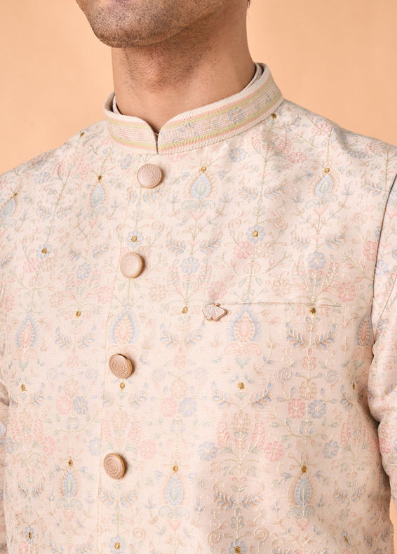 Manyavar Men Elegant Cream Kurta Jacket Set
