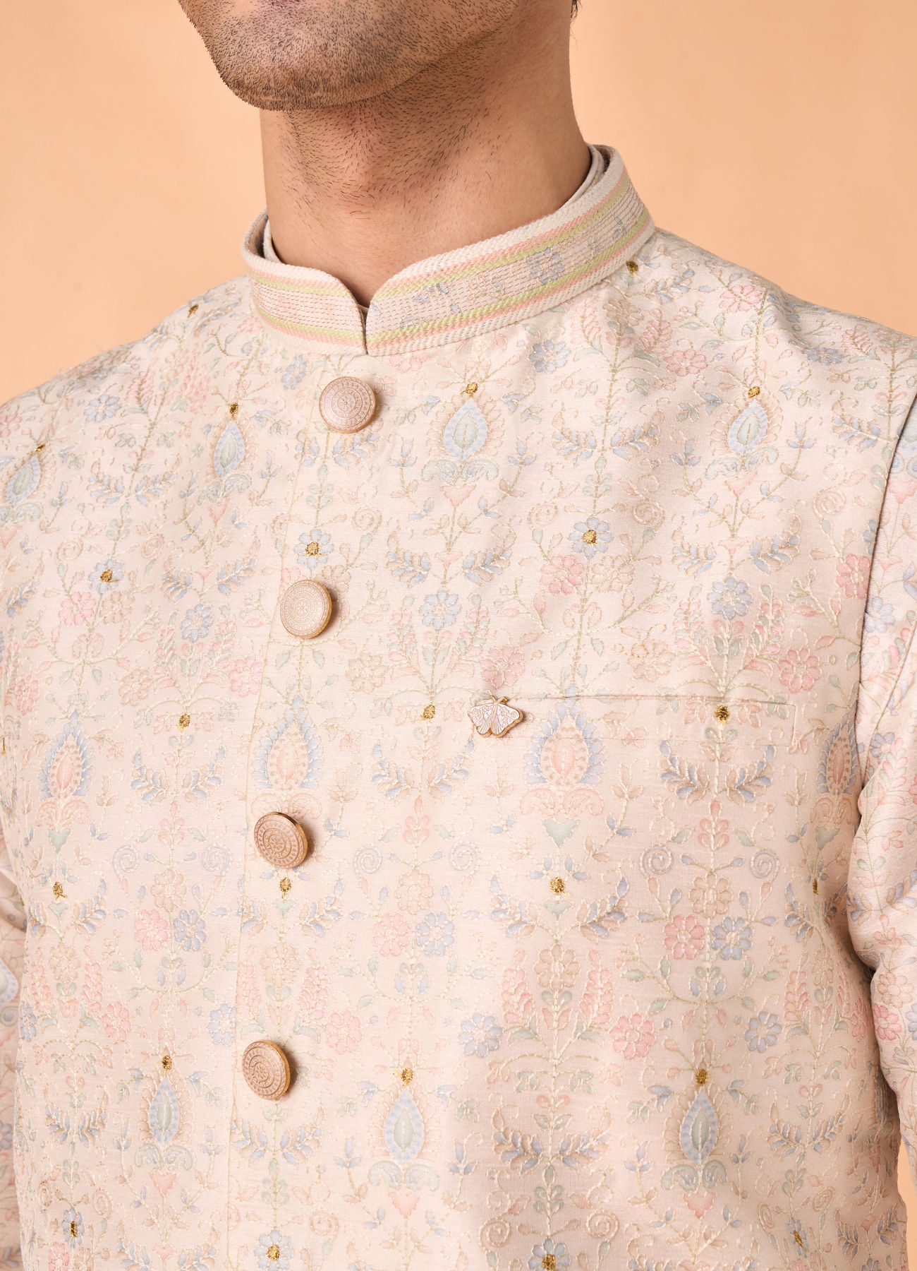 Manyavar Men Elegant Cream Kurta Jacket Set