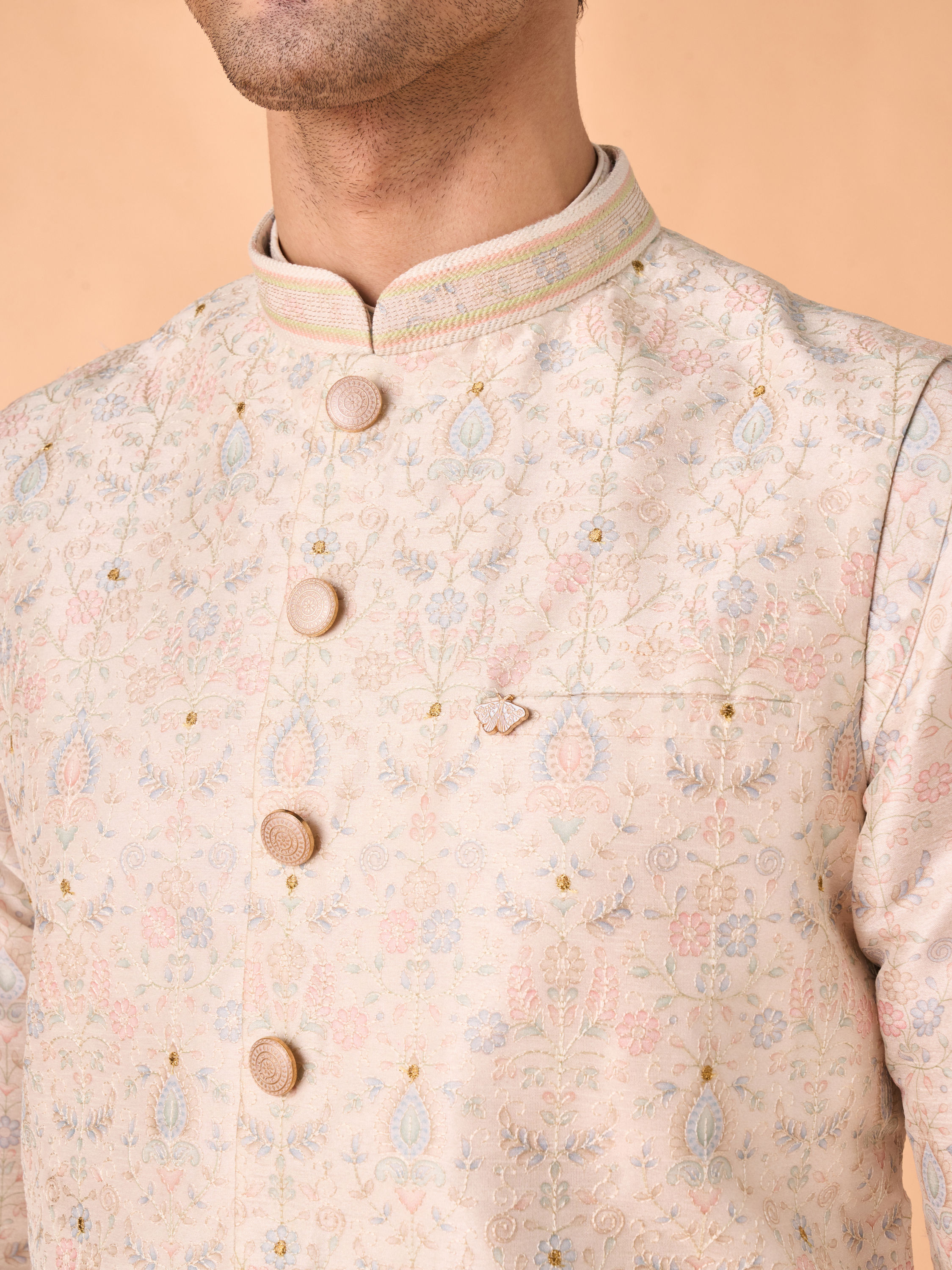 Manyavar Men Elegant Cream Kurta Jacket Set