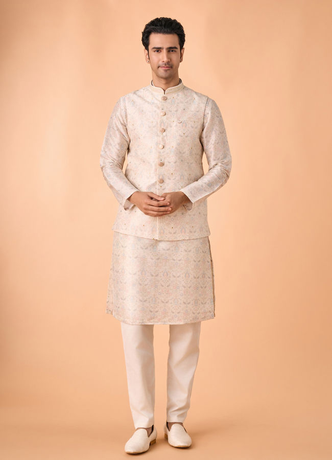 Manyavar Men Elegant Cream Kurta Jacket Set