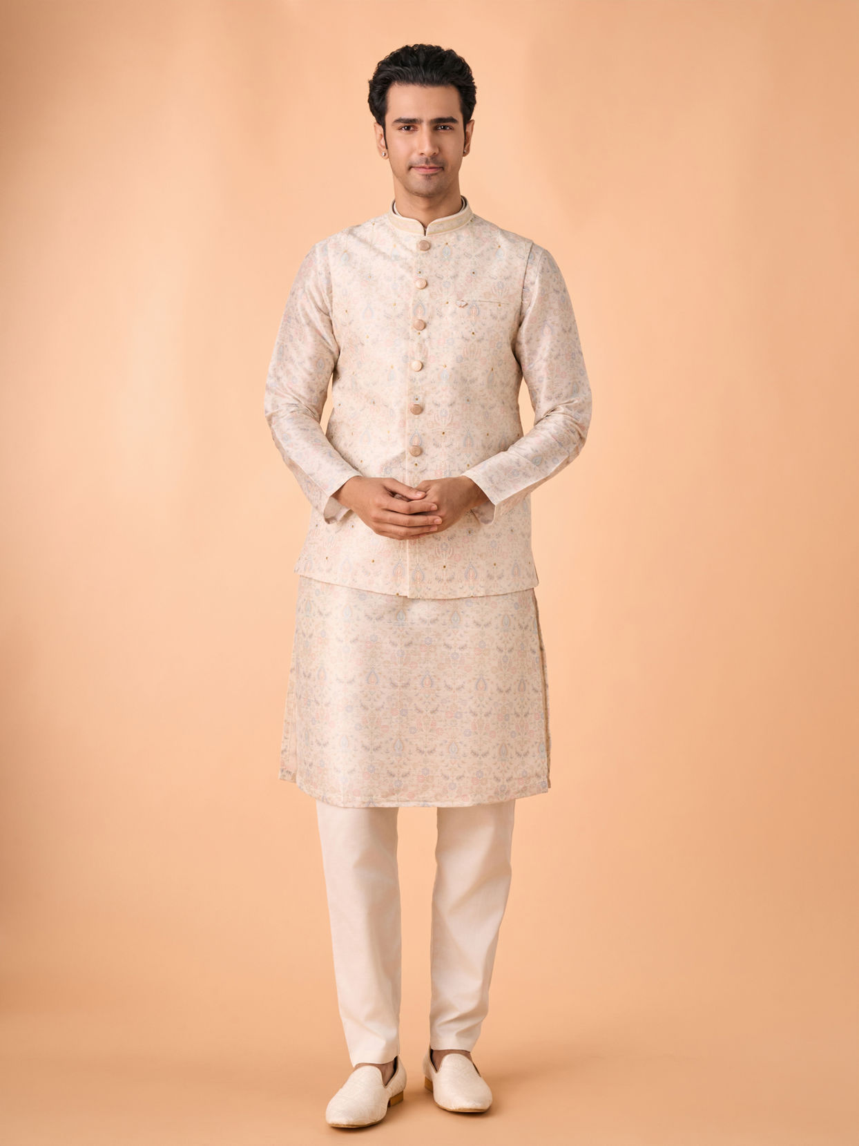 Manyavar Men Elegant Cream Kurta Jacket Set