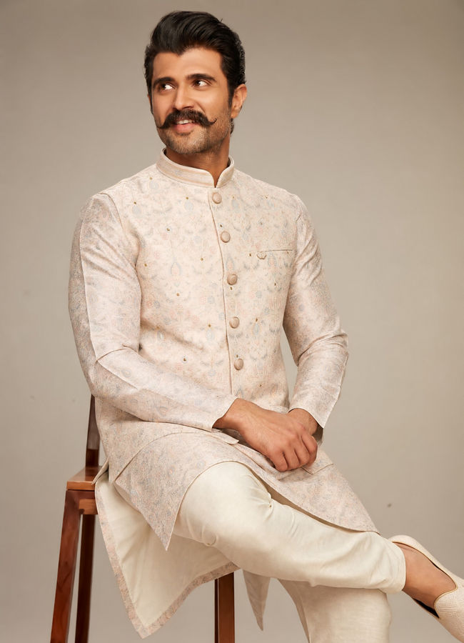 Manyavar Men Elegant Cream Kurta Jacket Set