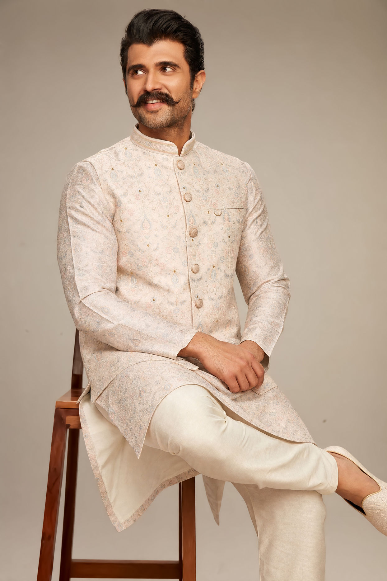 Manyavar Men Elegant Cream Kurta Jacket Set